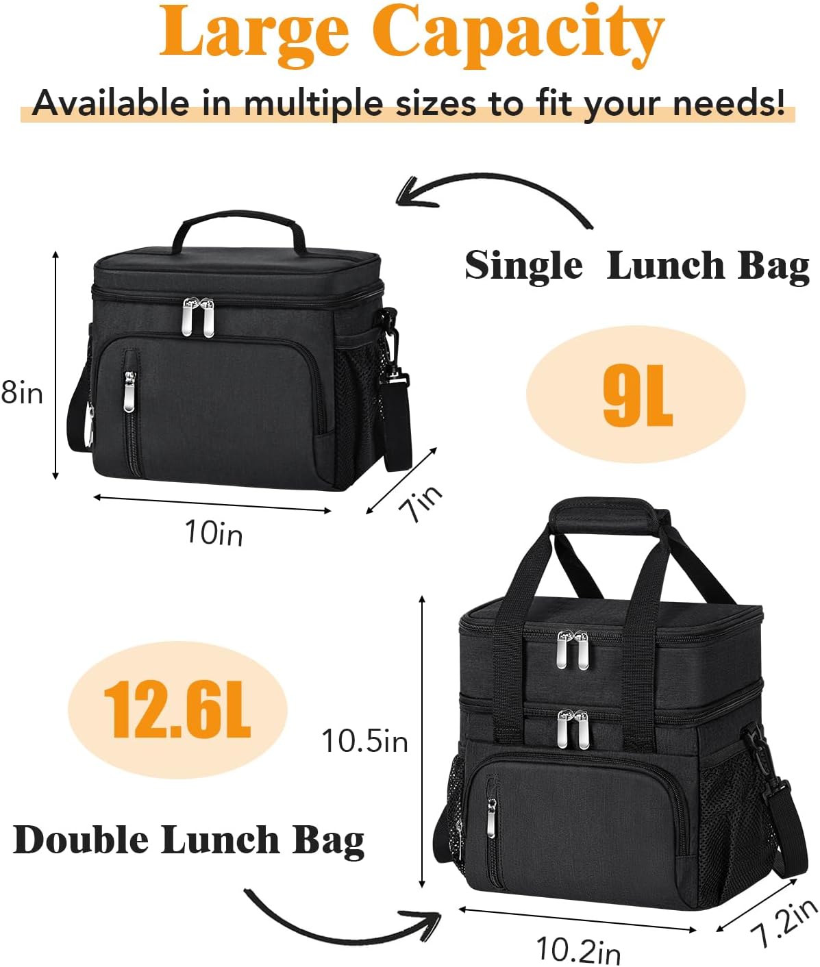 Skiennix Insulated Lunch Bag - 9L Leakproof Soft Cooler Tote with 5 Pockets | Adjustable Strap - Black