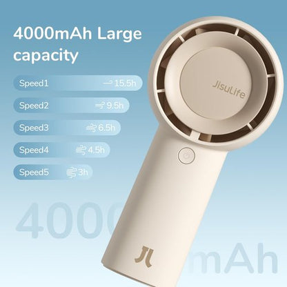 JISULIFE Handheld Portable Turbo Fan - 16H Cooling Time, 4000mAh Rechargeable Battery, 5 Speeds | Brown