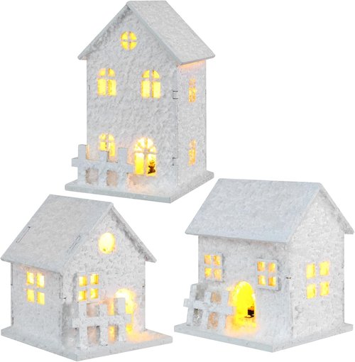 Cabilock Christmas Village Houses Set - 3PCS White Wood Snowflake Ornaments with LED Lights | DIY Winter Decor