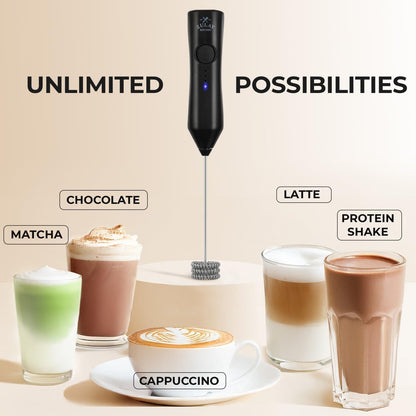Zulay Kitchen Rechargeable Milk Frother - 3 Speeds & 3 Whisk Attachments - USB Charging for Lattes & Cappuccinos - Black