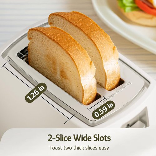 Hazel Quinn 2-Slice Toaster - Wide Slots for Thick Bread & Bagels, 6 Browning Levels, White