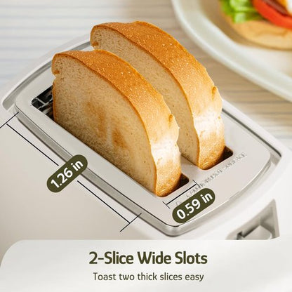 Hazel Quinn 2-Slice Toaster - Wide Slots for Thick Bread & Bagels, 6 Browning Levels, White