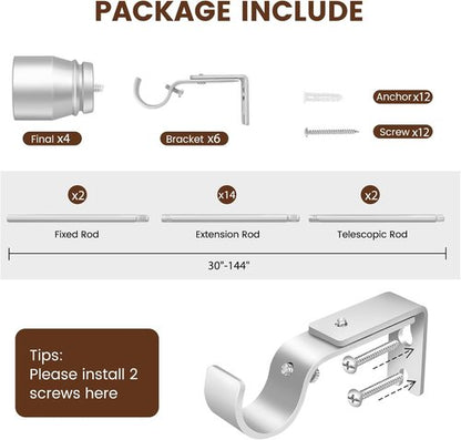 Hradecti Silver Curtain Rod - Heavy Duty Adjustable Telescopic Design | Fits 30-144 Inch Windows