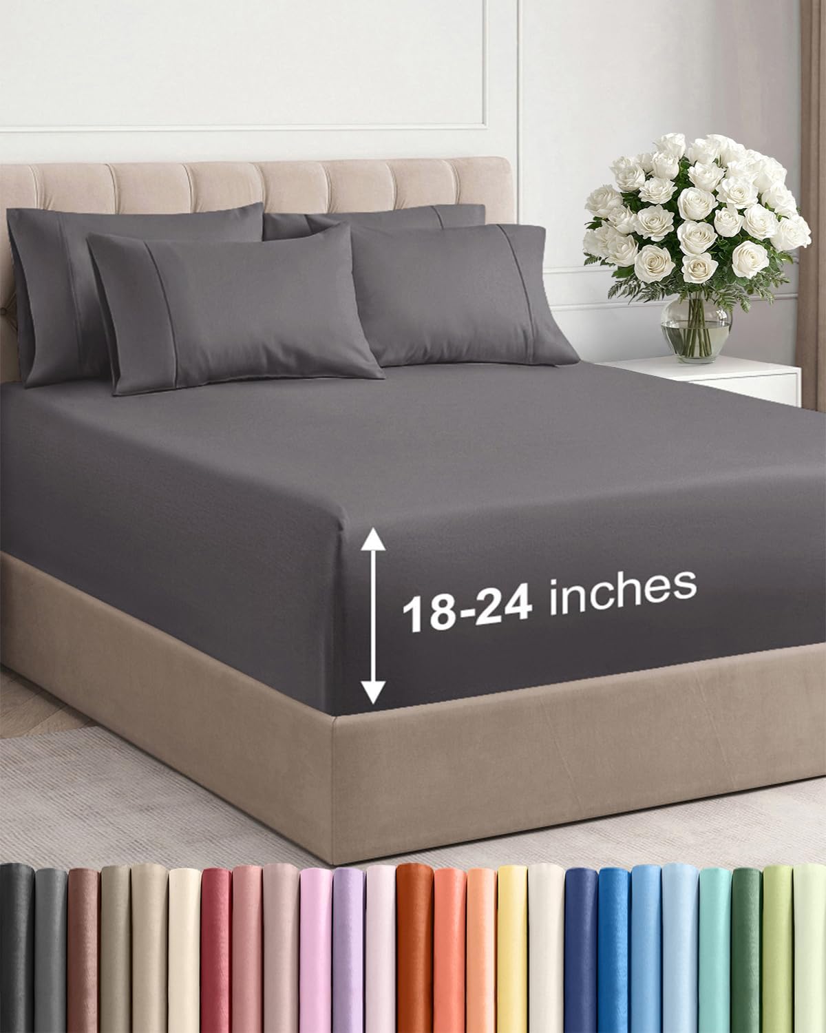 Skiennix Extra Deep Queen Sheet Set - 6 Piece Breathable Cooling Bedding - Soft, Wrinkle-Free Grey