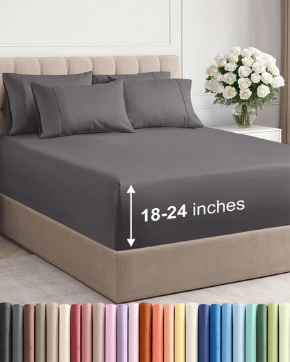 Skiennix Extra Deep Queen Sheet Set - 6 Piece Breathable Cooling Bedding - Soft, Wrinkle-Free Grey