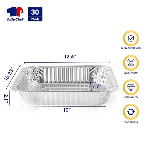 JOLLY CHEF 9x13 Aluminum Foil Pans - 30 Pack Disposable Deep Steam Pans for Roasting & Baking