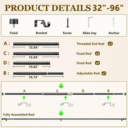 Curtain Rods for Windows 32-96 Inch, 1 Inch Adjustable Black Curtain Rod Set with Brackets, Easy Install