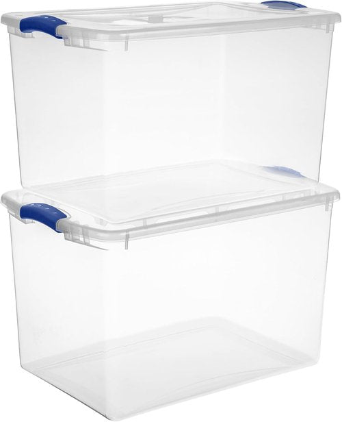 Large Clear Plastic Storage Bins - 66 Quart Stackable Containers with Blue Latch | 2 Pack for Home & Office Organization