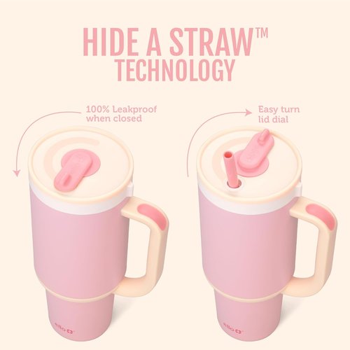 Ello Oasis 30 oz Tumbler - Insulated Stainless Steel Cup with Handle & Straw | 24-Hour Cold Retention, Pink Gingham