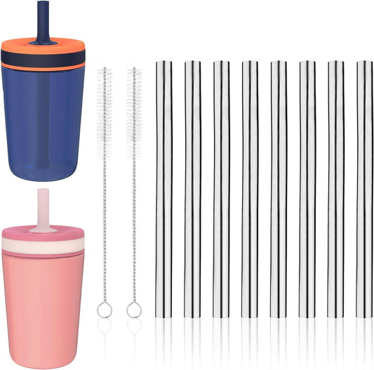 Zak Designs Metal Straw Set - 8 Reusable Stainless Steel Straws with 2 Cleaning Brushes | 11.8cm/4.65in Compatible with 15oz Water Bottle