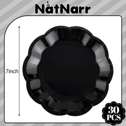 NatNarr 30 Pcs Black Paper Plates - 7 Inch Scalloped Disposable Dessert Plates for Parties & Events
