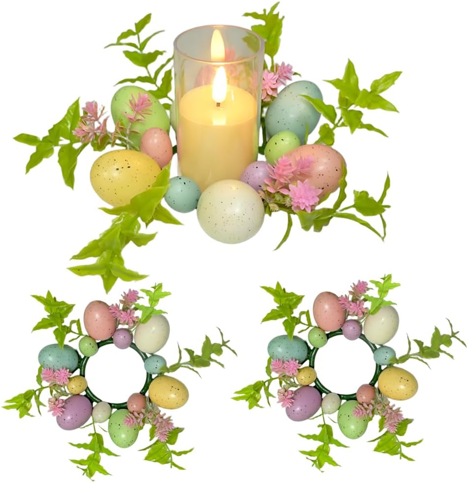 Skiennix Easter Egg Candle Rings - 3-Piece Mini Wreath Set for Spring Home Decor | 9" Pastel Centerpieces