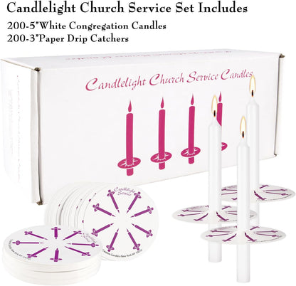 Skiennix 200 White Taper Candles - Smokeless & Unscented with Drip Protectors | 4.7'' H x 0.47'' D for Prayers & Memorials
