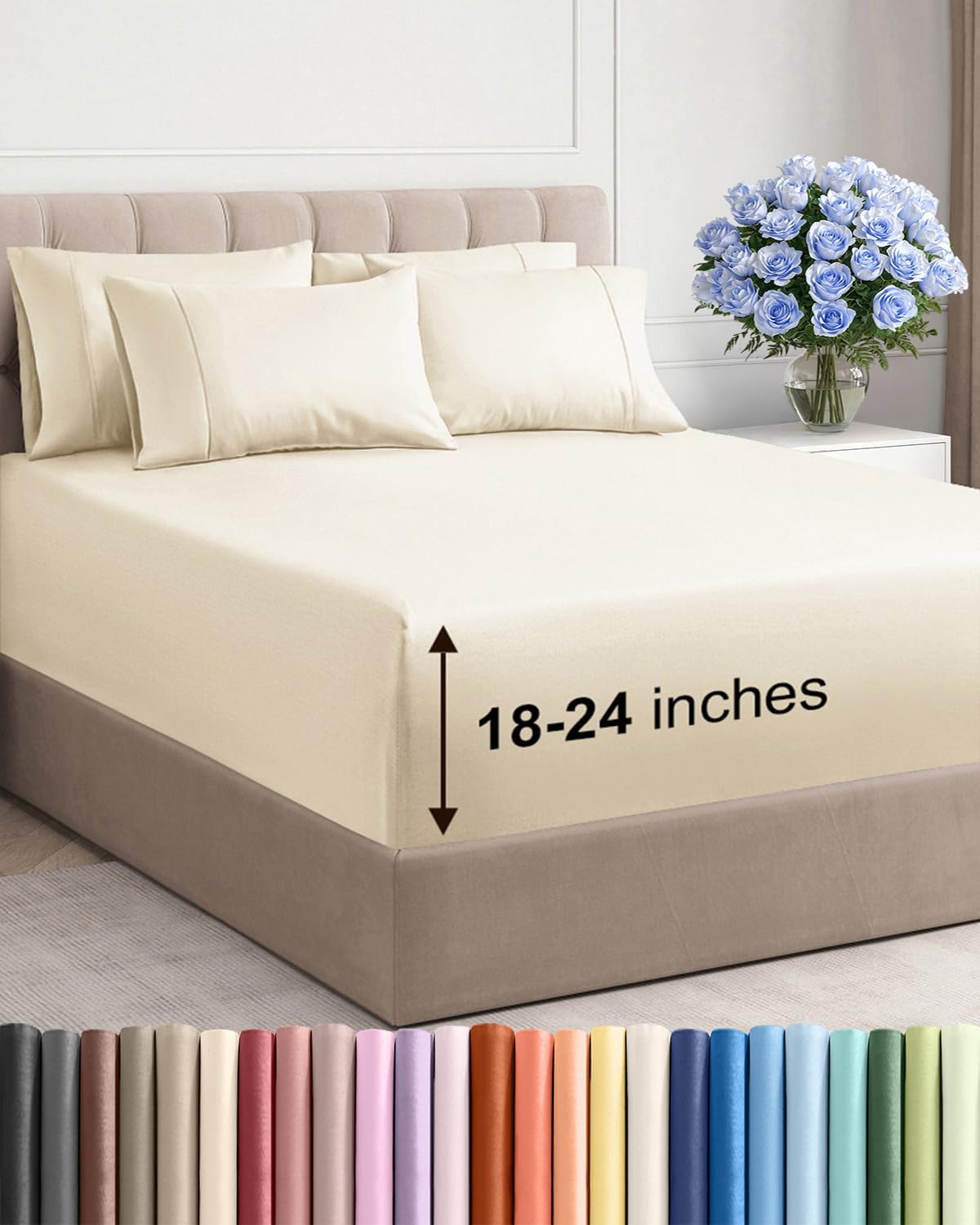 Skiennix Extra Deep Cal King Sheet Set | 6-Piece Breathable Cooling Bedding - Soft, Wrinkle-Free Off White