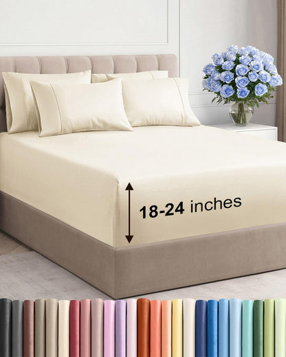 Skiennix Extra Deep King Sheet Set - 6-Piece Breathable Cooling Bedding - Soft, Wrinkle-Free Off White