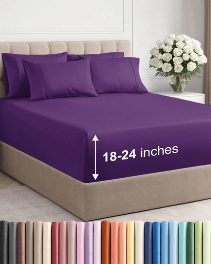 Skiennix Extra Deep Queen Sheet Set | 6-Piece Breathable Cooling Bedding - Soft, Wrinkle-Free Purple