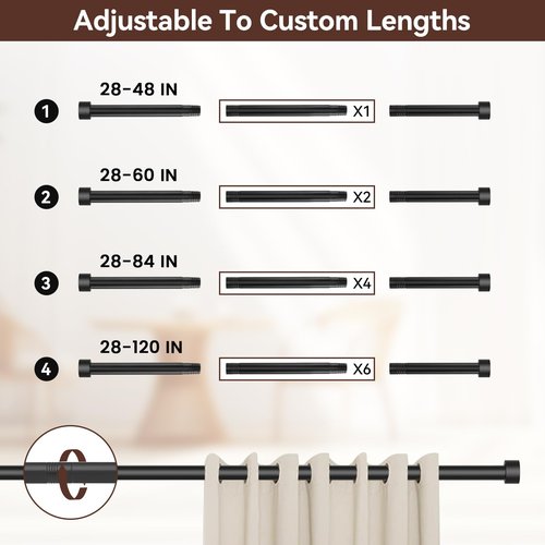 Black Curtain Rods for Windows 28 to 48 Inch,5/8 Inch Diameter Heavy Duty Metal Stainless Steel Drapery Rods with Brackets,Modern Curtain Rod with Simple End Caps