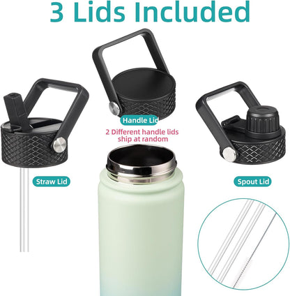 Skiennix Insulated Water Bottle - 24oz Stainless Steel Sport Bottle with 3 Lids | Mint Color