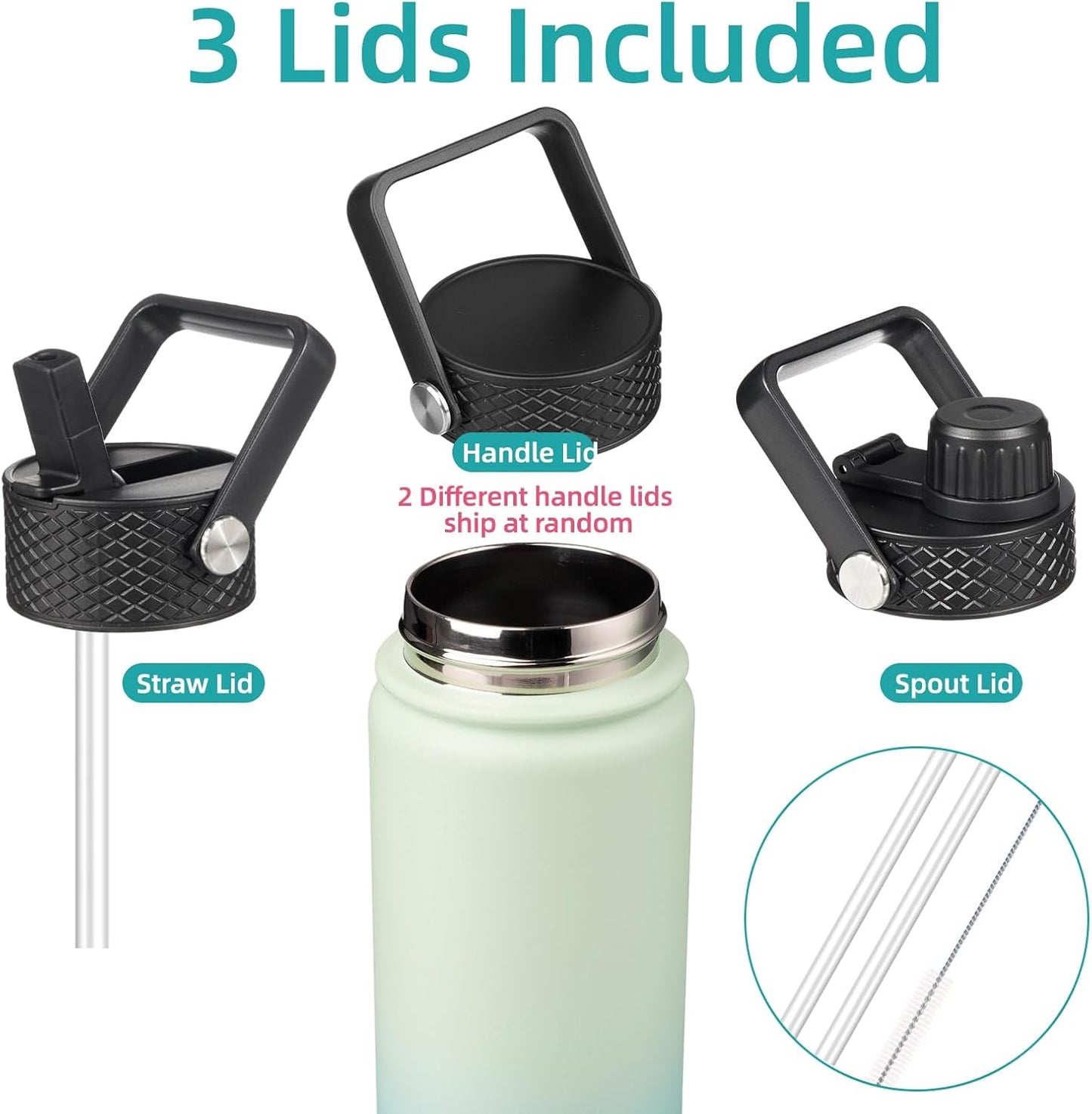 Skiennix 18 oz Insulated Stainless Steel Water Bottle - Sport Design with 3 Lids | Mint Color