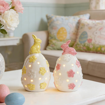 WDS WONDROUS Light Up Easter Decorations - LED Bunny & Egg Figurines Set | White Ceramic Spring Decor (2PCS)