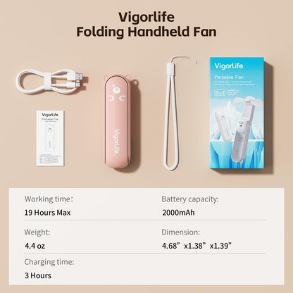 VigorLife Mini Handheld Fan,USB Rechargeable 3 IN 1 Personal Cooler Fans with Power Bank,LED Flashlight,Small Foldable Pocket Portable Cooling Fan-Travel & Emergency Essentials for Outdoor,Pink