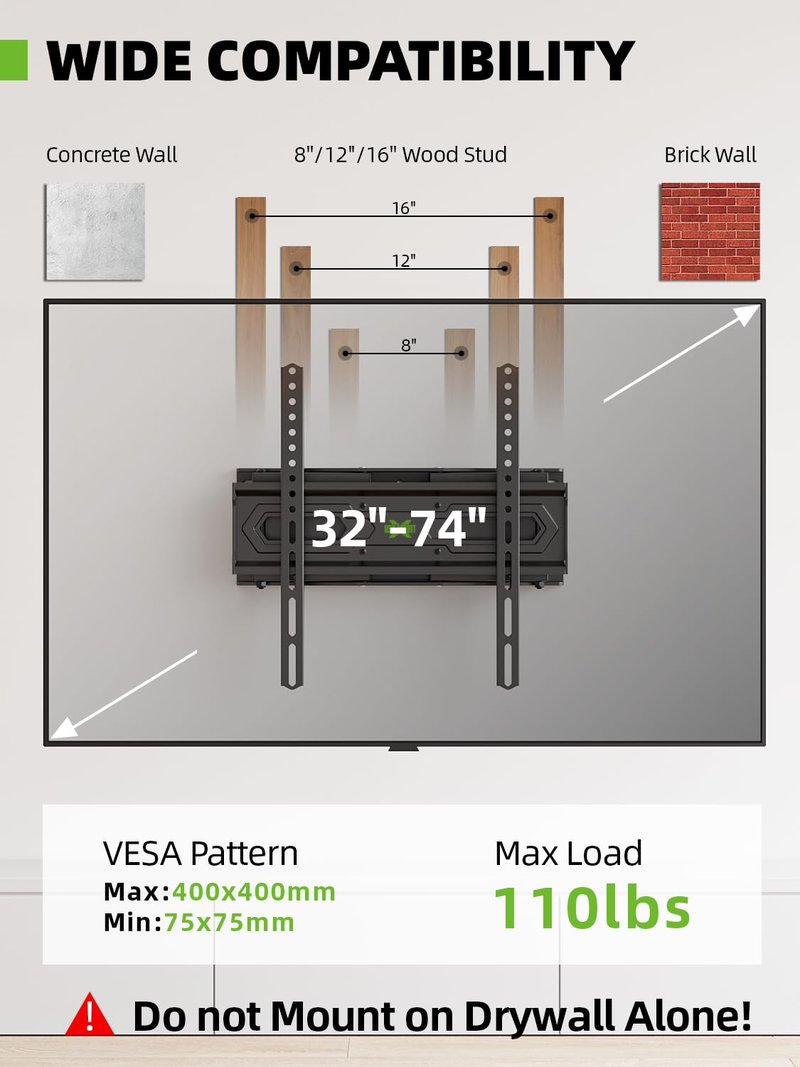 USX MOUNT TV Wall Mount for 32-74 inch Flat Screen/LED/4K up to 110lbs, Full Motion TV Mount Bracket with Swivel & Tilt Articulating Dual Arms, Max VESA 400x400mm, Fits 12/16" Wood Studs