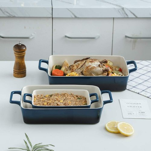 KOOV Bakeware Set - Ceramic Baking Dish with Gradient Blue Finish | 3-Piece Rectangular Casserole Set, 12 x 8.5 Inches