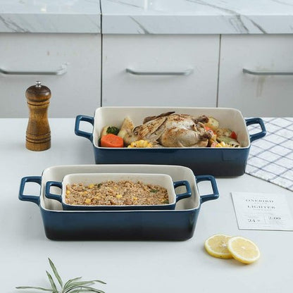 KOOV Bakeware Set - Ceramic Baking Dish with Gradient Blue Finish | 3-Piece Rectangular Casserole Set, 12 x 8.5 Inches