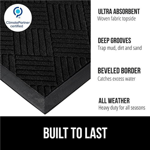 GORILLA GRIP Waterproof All-Season WeatherMAX Doormat - Natural Rubber, Stain & Fade Resistant, 23x35, Black Diamond