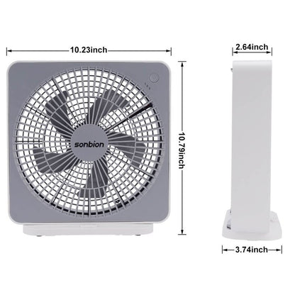SONBION Small Box Fan, 10 inch Window Fan with 3 Speeds Strong Airflow, DC Adapter Square Table Fan for Bedroom Living Room Office Apartment, Quiet and Lightweight, 5ft Power Cord