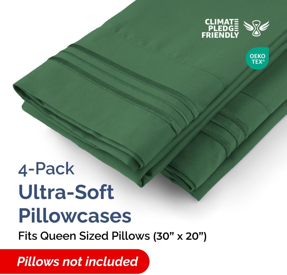 Skiennix Queen Pillow Cases Set of 4 - Ultra Soft Hotel Quality Covers - Wrinkle Free & Fade Resistant - Emerald Green