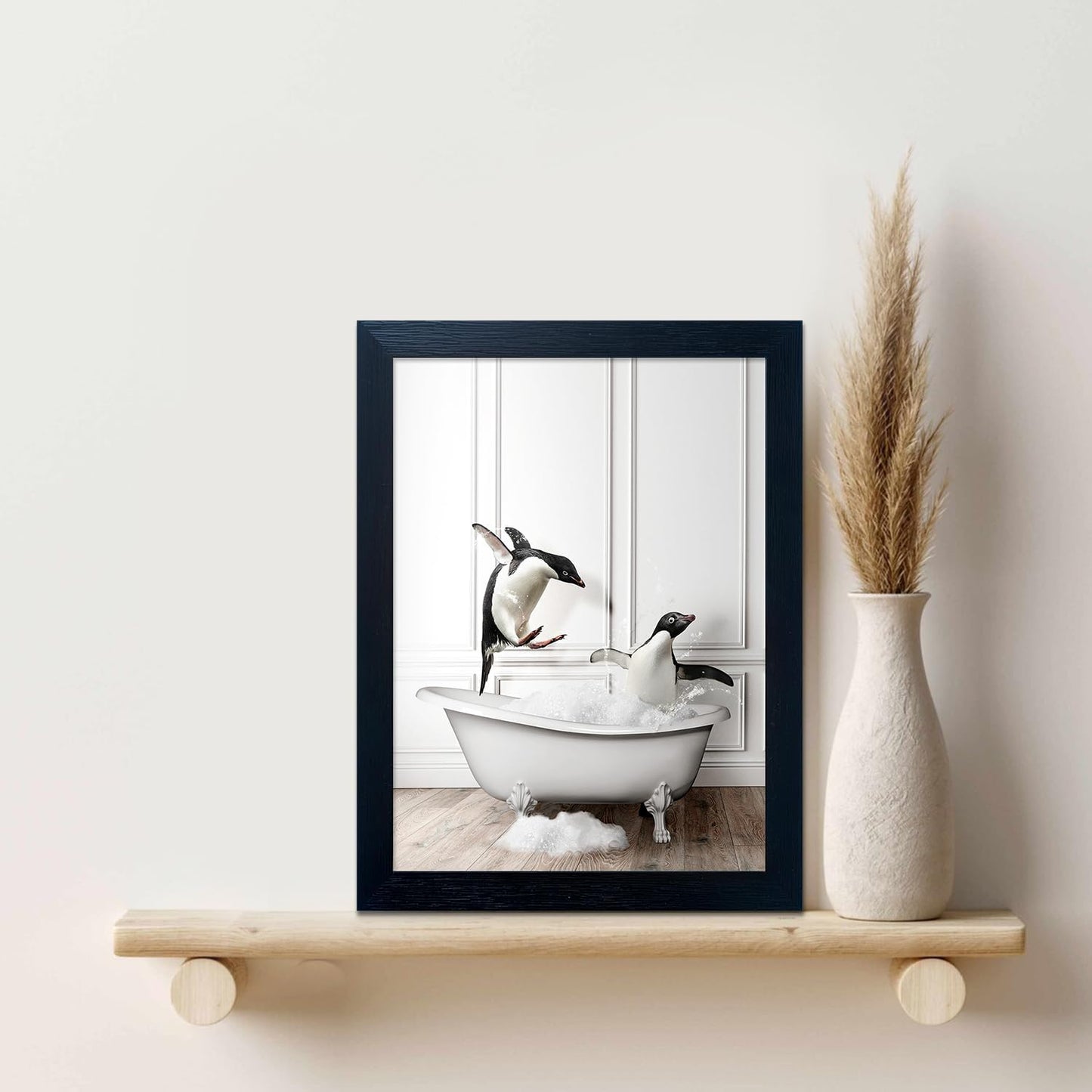 Skiennix Kids Bathroom Wall Decor - Funny Black & White Canvas Print of Cute Penguins in Bathtub