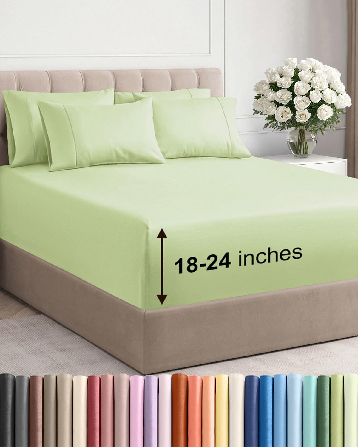 Skiennix Extra Deep Cal King Sheet Set - 6 Piece Breathable Cooling Bedding - Soft Wrinkle-Free Light Sage