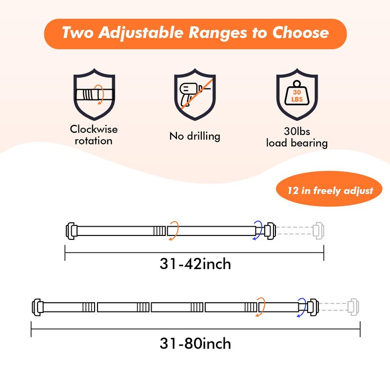Shower Curtain Rod 31-80 in Adjustable Curtain Rod No Drilling Tension Shower Rod Stainless Steel for Bathroom Room Divider, White