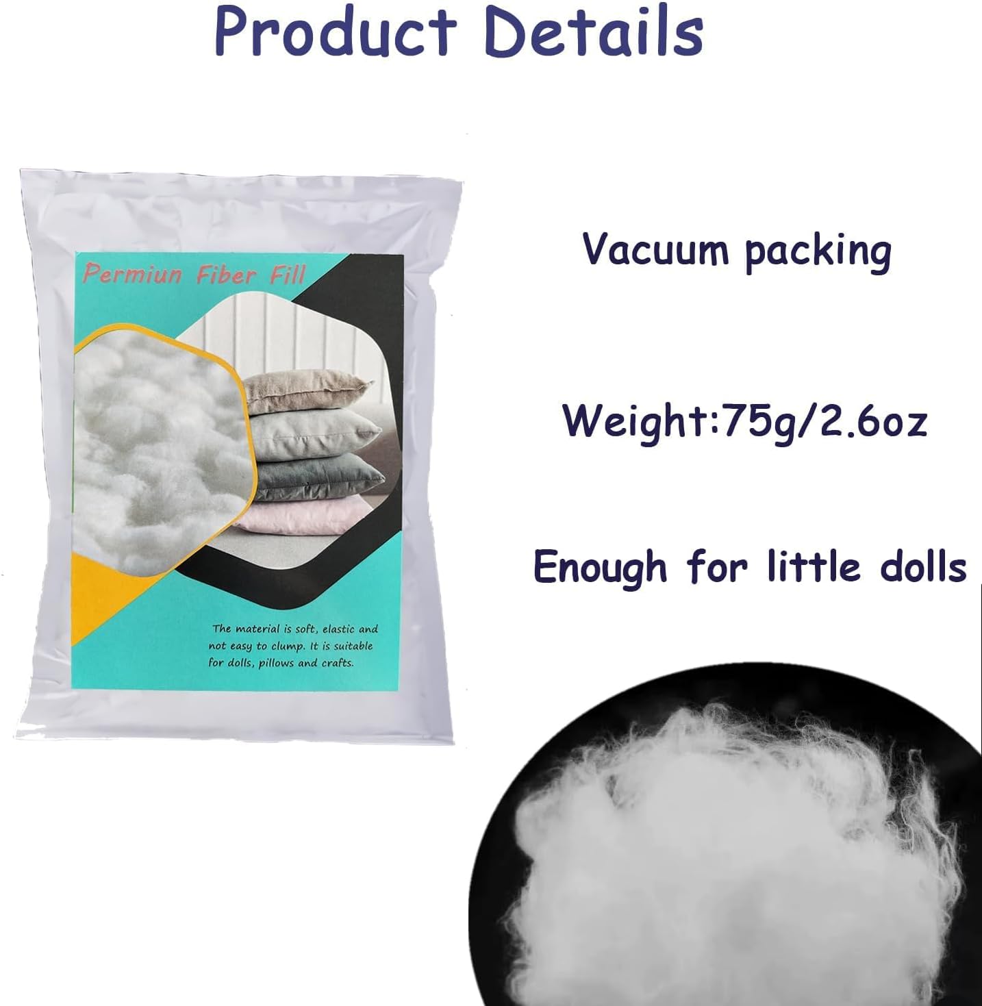 Vseegrs Premium Polyester Stuffing - Soft, Warm Fiber Filling for Stuffed Animals | 75g/2.6oz