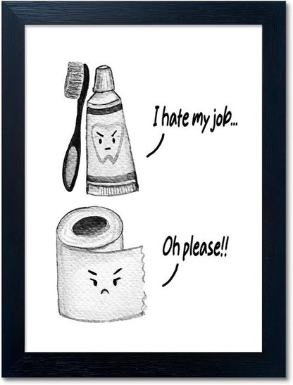 Boswaydeco Kids Bathroom Decor - Cute Black and White Wall Art Print | Funny Toilet Paper & Toothbrush Design