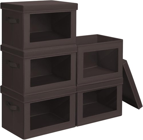 Homsorout Stackable Storage Bins - Medium Foldable Closet Organizer with Lids | 5-Pack Brown