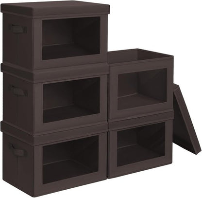 Homsorout Stackable Storage Bins - Medium Foldable Closet Organizer with Lids | 5-Pack Brown