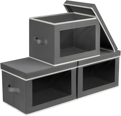 Homsorout Stackable Storage Bins - Large Foldable Closet Organizer with Lids | 3-Pack Dark Grey
