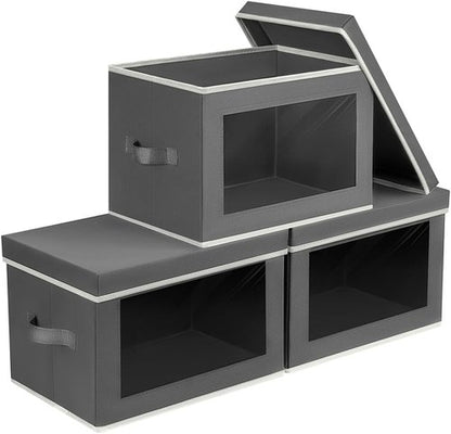Homsorout Stackable Storage Bins - Large Foldable Closet Organizer with Lids | 3-Pack Dark Grey