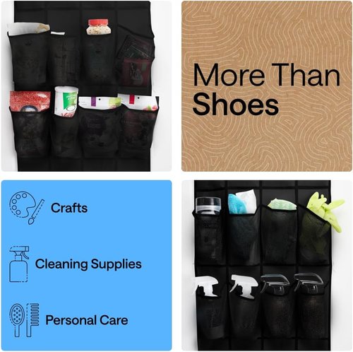 GORILLA GRIP Over The Door Shoe Organizer - 12 Large Breathable Mesh Pockets | Space-Saving Hanging Storage, Black 64H x 9.5W