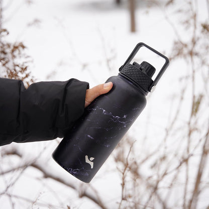 Skiennix 22oz Stainless Steel Water Bottle - Insulated with 3 Lids | Marble Midnight Finish