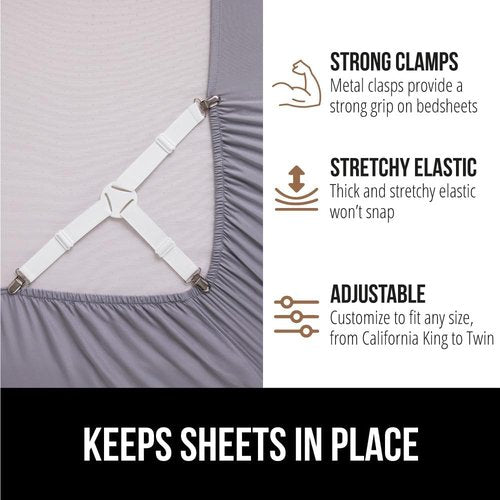 GORILLA GRIP Bed Sheet Holders - Adjustable Elastic Fasteners with Metal Clips | 4 Pack White