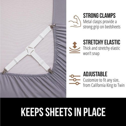 GORILLA GRIP Bed Sheet Holders - Adjustable Elastic Fasteners with Metal Clips | 4 Pack White