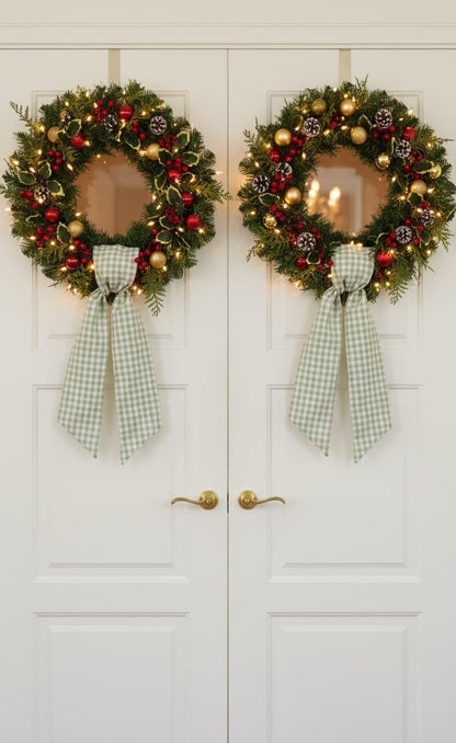 Skiennix Wreath Sash - Green White Checkered Plaid Bow Ribbon Bundle for Home Decor | 2 Pack (5.12" x 54.33")