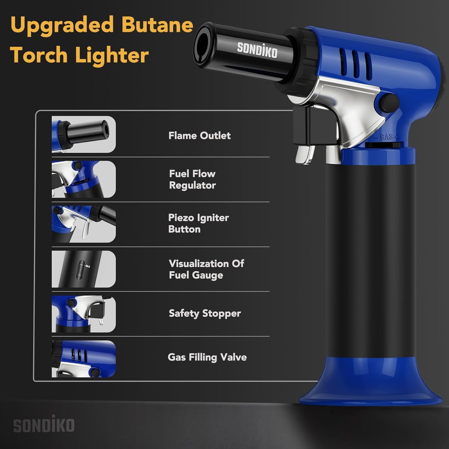 Sondiko Butane Torch - Adjustable Kitchen & BBQ Lighter for Welding | Blue & Black Design