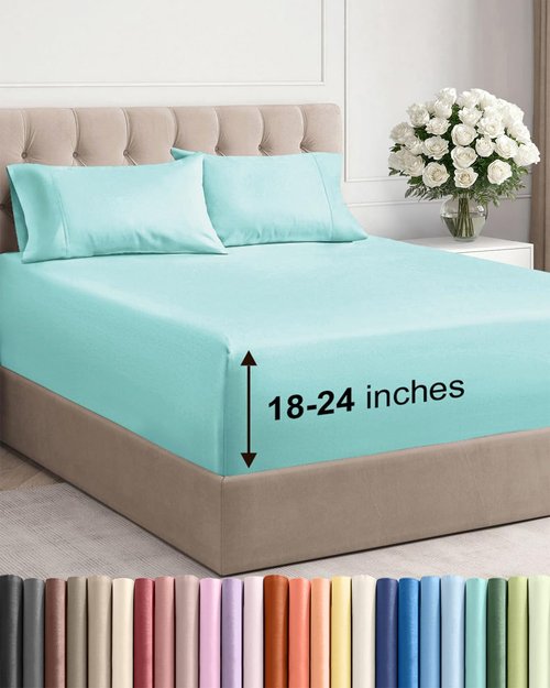Extra Deep Twin XL Sheet Set - 4 Piece Breathable and Cooling Sheets - Hotel Luxury Bedding for Women, Men, Kids & Teens - Easy Secure Fit - Soft, Wrinkle Free & Comfy - Extra Deep Pockets - Spa Blue