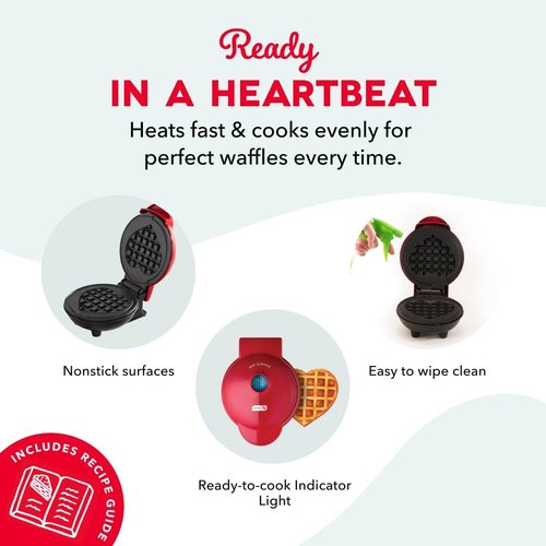 Dash Mini Waffle Maker - Creative Nonstick Waffle Iron with Unique Heart Design - Red Color