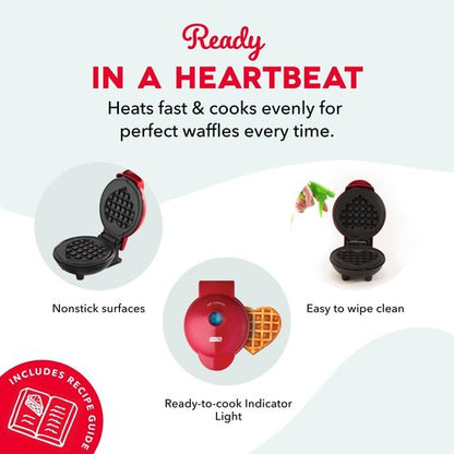 Dash Mini Waffle Maker - Creative Nonstick Waffle Iron with Unique Heart Design - Red Color