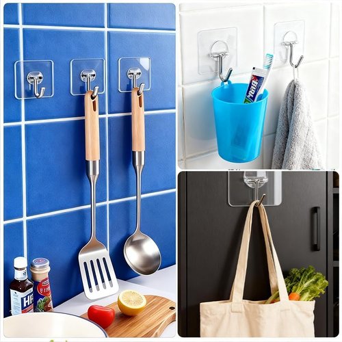 Kimono Heavy-Duty Adhesive Hooks - Transparent Waterproof Wall Hooks for Towel & Coat | 8-Pack